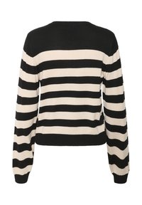 Melnā un krēmkrāsas svītrainā džemperis ar garām piedurknēm, apaļu kakla izgriezumu un ribotām aprocēm. Materiāls izskatās mīksts un teksturēts. Īsāks dizains.