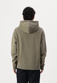 Olivgrüner Kapuzenpullover aus weichem Baumwollmix, mit lockerer Passform und gerippten Bündchen und Saum. Die Rückansicht zeigt ein schlichtes Design.