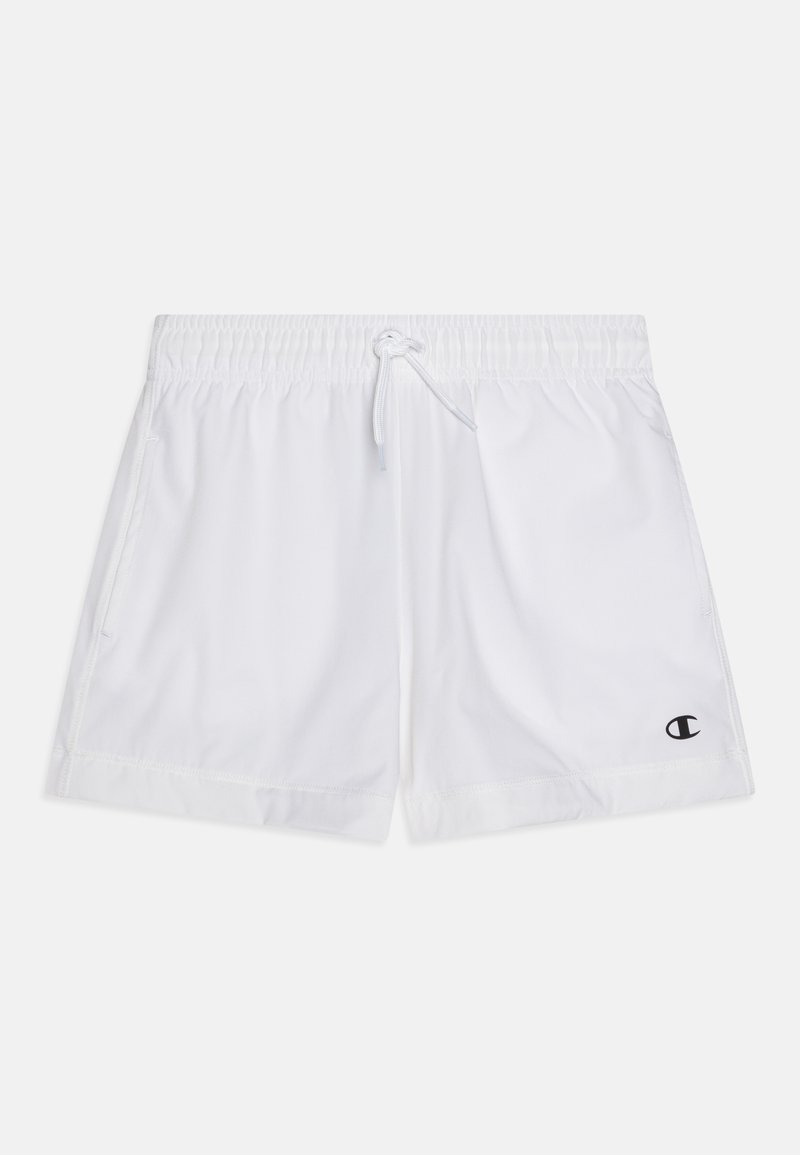 Shorts de bain blancs avec une taille élastique et un cordon de serrage. Comprend des poches latérales et un petit logo noir en bas à droite. Texture lisse.