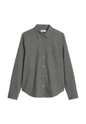 Grijze lange mouwen shirt met een kraaghals, voorzak en knoopsluiting. Zachte textuur met een subtiel heatherpatroon.