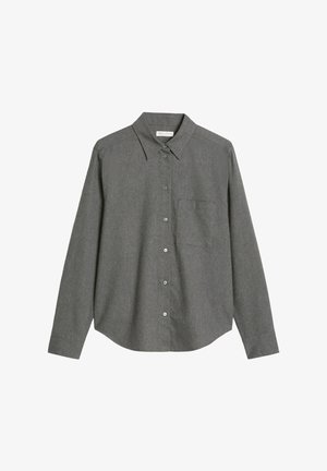 Grijze lange mouwen shirt met een kraaghals, voorzak en knoopsluiting. Zachte textuur met een subtiel heatherpatroon.