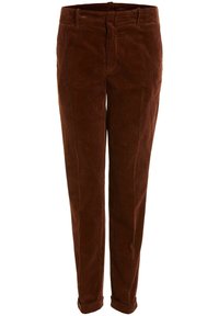 Ruskeat slim-fit farkkuhousut, joissa on etutaskut ja käärityt lahkeet, vyölenkit ja vetoketj closure.