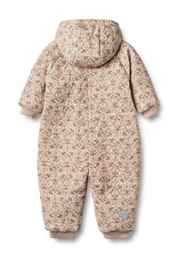 Mustriline roosa imikute talveülikond kapuutsiga, soonikkoes mansettide ja logodega plaastriga. Omab tekstuurse mustriga ning soe, polsterdatud disain.