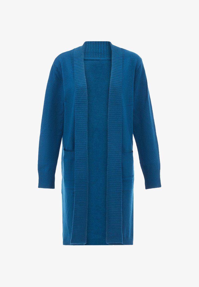 Cardigan tricotat albastru cu guler lat din țesătură și design deschis în față. Dispune de două buzunare frontale și manșete ribbate. Textură netedă.