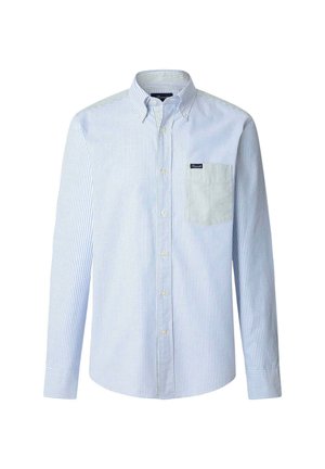 Camicia a maniche lunghe a righe in blu chiaro e bianco, colletto con bottoni, taschino sul petto e etichetta del marchio sulla tasca. Tessuto in cotone morbido.