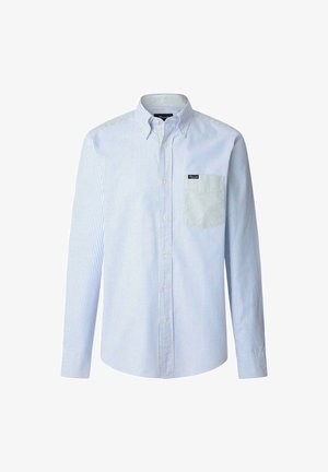 Striped long-sleeve shirt in light blue and white, button-down collar, chest pocket, and brand tag on the pocket. Soft cotton fabric.
