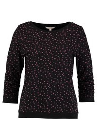 Felpa nera a maniche lunghe con scollo rotondo, caratterizzata da un motivo floreale rosa sparso. Le maniche e l'orlo a coste aggiungono texture e dettagli.