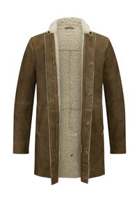 Brauner Wildledermantel mit einem Innenfutter aus Lammfell, vorderem Druckknopfverschluss und zwei seitlichen Taschen. Kontrastnaht verleiht dem Design Details.