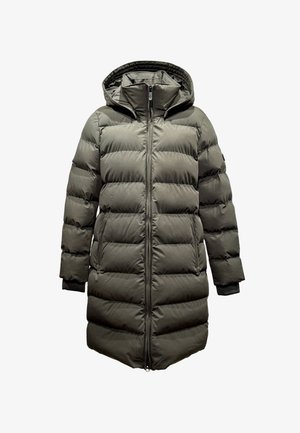 Langer gepolsterter Mantel in Dunkelgrün, mit Kapuze, vertikalem Steppdesign, Frontreißverschluss und elastischen Bündchen für Wärme und Komfort.