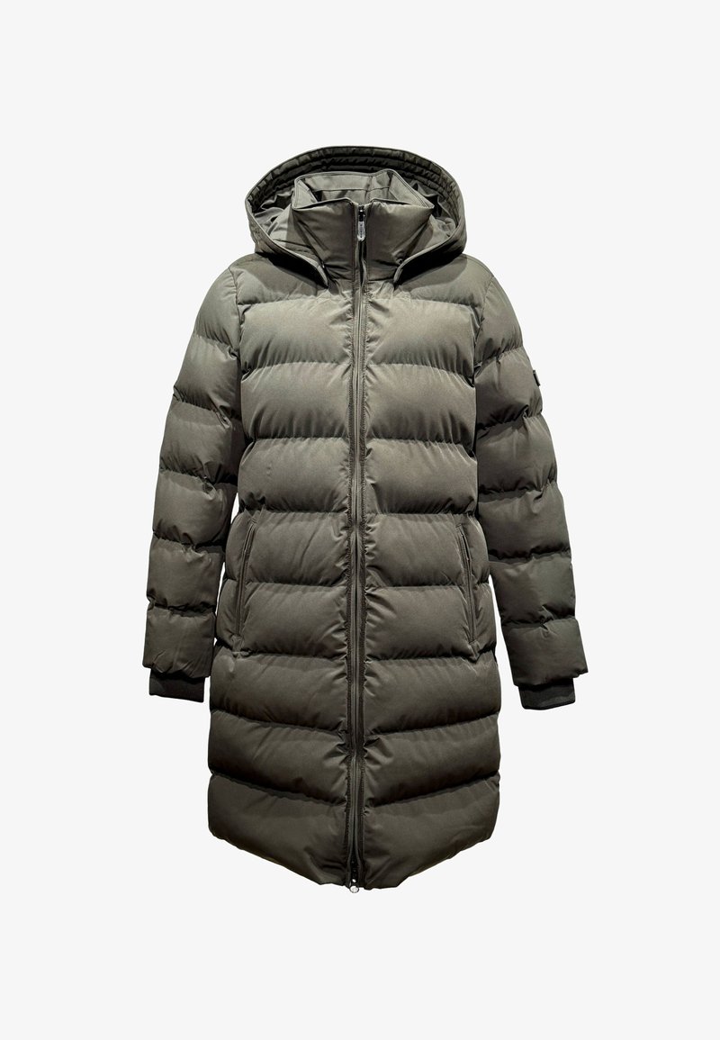 Long padded coat in dark green, featuring a hood, vertical quilted design, front zipper, and elastic cuffs for warmth and comfort.
