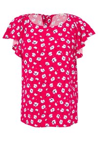 Fuchsia farbige Bluse mit kurzen Rüschensleeves, verziert mit weißen Blumen und schwarzen Stängeln, aus leichtem Stoff, mit einem runden Ausschnitt und einer Schleife.