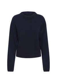Navy blue cable knit sweater with a round neckline and long sleeves. Features textured patterns on the sleeves and hem, cropped length.