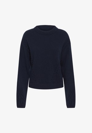 Maglione a collo rotondo di colore blu navy con maniche lunghe. Presenta motivi testurizzati sulle maniche e sull'orlo, con una lunghezza accorciata.