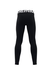 Zwarte fitted leggings van rekbaar materiaal, met een brede elastische tailleband waarop het "UNDER ARMOUR" logo in het wit over de bovenkant staat.