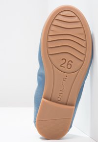 Blaue Lederschuhe mit einer flexiblen hellbraunen Gummisohle, die ein strukturiertes Muster aufweist und die Nummer "26" in die Sohle eingestanzt ist.