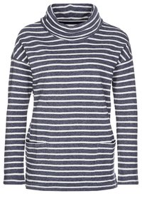 Navy- och vitrandig tröja med båtringning, långa ärmar och framfickor. Mjuk textur; avslappnad design som är lämplig för lager-på-lager.