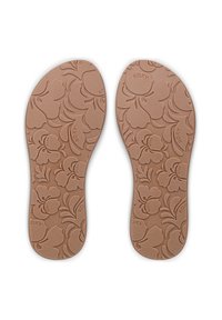 Καφέ εσωτερικές σόλες με λουλουδάτο σχέδιο, με ανάγλυφα λουλούδια και φύλλα ιβίσκου. Κείμενο "ROXY" εμφανίζεται σε κάθε εσωτερική σόλα.