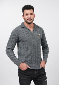 Un uomo sta in piedi con le mani in tasca, indossando un maglione grigio a trecce con zip e jeans scuri strappati, su uno sfondo bianco.