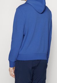 Blå hoodie i mjukt tyg, med en centrerad söm bak, ribbade muddarna och huva med dragsko. Bärs med mörka byxor.