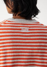 Maglione a righe in misto lana arancione e grigio, con colletto a giro e piccolo logo ricamato sul retro. Texture morbida, vestibilità regolare.