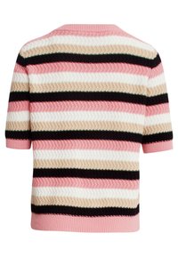 Kurzarm-Strickpullover mit einem Chevron-Muster aus rosa, weiß, schwarz und beige gestreiften Farben. Gerippter Halsausschnitt und Bündchen.
