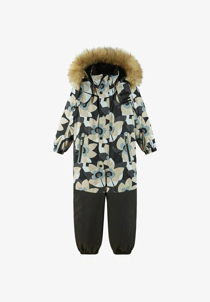Winteroverall met bloemenpatroon in beige, zwart en blauw. Voorzien van een met nepbont gevoerde capuchon, ritszakken en elastische manchetten.