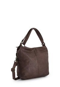 Bruine leren handtas met een slouchy ontwerp, een enkele schouderband en een verstelbare schouderband. Kenmerkt zich door een gladde textuur en minimalistische accenten.