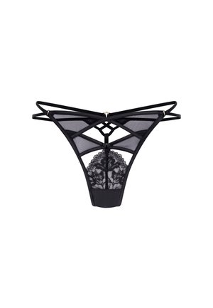 Schwarzer Spitzen-Tanga mit Netz-Einsätzen, der ein florales Muster auf der Rückseite, verstellbare Träger und ein dreieckiges Design aufweist.