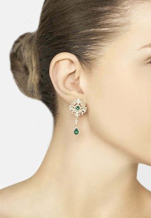 Gold-tone earrings with intricate floral design, featuring a green square stone and a pear-shaped green drop, accented with small clear gems.