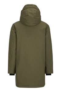 Olijfgroene geïsoleerde parka met capuchon, lange mouwen en zwarte manchetten. Glad textuur, minimalistisch ontwerp, geen zichtbare sluitingen of patronen.