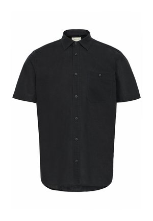 Chemise à manches courtes noire avec un col, poche plaquée et asymétrique. Fabriquée dans un tissu texturé uni.