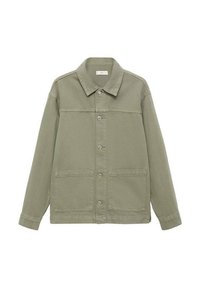 Zelena džins jakna z gumbom spredaj, ovratnikom, dvema velikima sprednjima žepoma in dolgimi rokavi s sproščenim krojem.