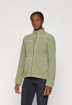 Green fleece jacket with a high collar, zipper closure, and two front pockets. Features a textured fabric and visible stitching details.
