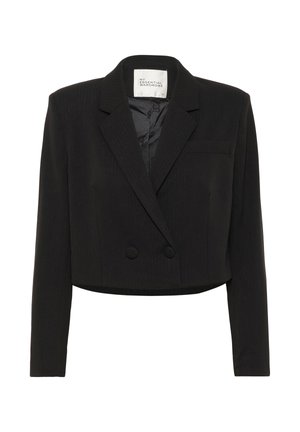 Black cropped double-breasted blazer with notch lapels, long sleeves, subtle pinstripes, and front buttons, labeled "My Essential Wardrobe."