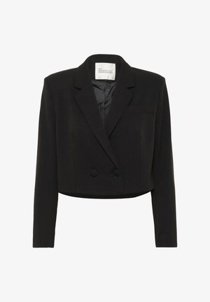 Zwarte cropped double-breasted blazer met notch lapels, lange mouwen, subtiele streepjes en knopen aan de voorkant, gelabeld "Mijn Essentiële Garderobe."