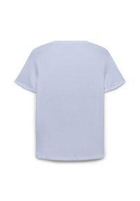 T-shirt azzurro chiaro, maniche corte, collo rotondo, texture liscia, colore uniforme, orlo dritto, senza motivi o grafica visibili.