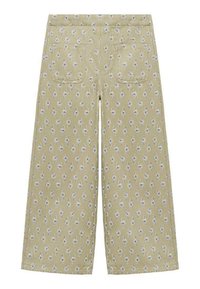Pantaloni beige a gamba larga con piccoli motivi floreali blu e bianchi e due tasche quadrate posteriori.