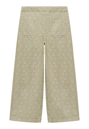 Beige wide-leg pants with small blue and white floral prints and two square back pockets.
