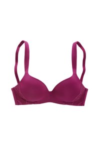 Mauve ondergoed met beugels van gladde stof, kantaccenten op de cups, verstelbare straps en een subtiele glans. Ontworpen voor comfort en ondersteuning.