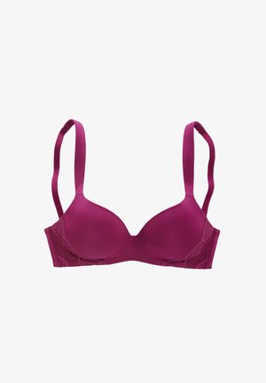 Mauve podprsenka s kosticami vyrobená z hladkého materiálu, s čipkovými akcentmi na pohároch, nastaviteľnými ramienkami a jemným leskom. Navrhnutá pre pohodlie a oporu.