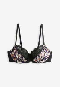 Zwarte kant en een meerkleurig patroon beha met gewatteerde cups, voorzien van verstelbare bandjes en bloemaccenten langs de randen.