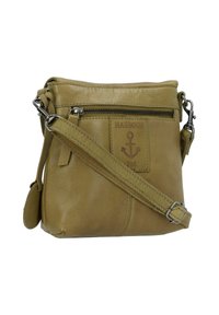 Piccola borsa a tracolla in pelle verde oliva con tracolla regolabile, tasca frontale con zip e patch del logo Harbour 2nd con un'ancora.