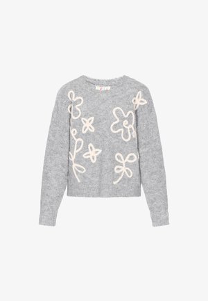 Hallide hall värvi sviiter pikkade varrukatega, ümmarguse kaelusega ja lühendatud disainiga. Kaunistatud kreemivärvi tikanditega lillede ja silmustega. Pehme tekstuur.