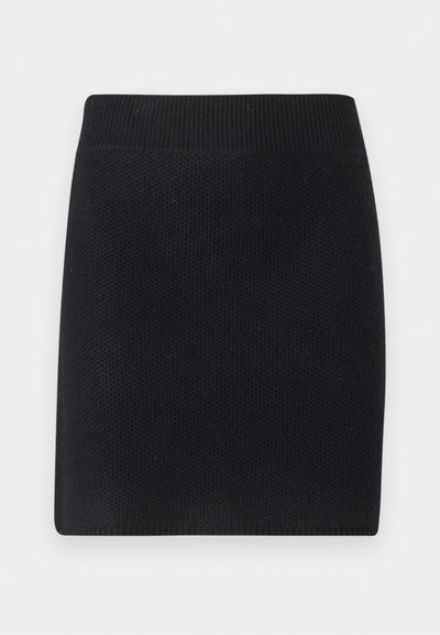Schwarzer Strickrock in gerader Form. Verfügt über einen breiten gerippten Bund und eine strukturierte Oberfläche, geeignet für legere Outfits.