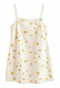 Vestido sin mangas de color crema con bordados florales en amarillo y verde. Tejido ligero, corte relajado, dobladillo redondeado y tirantes finos.