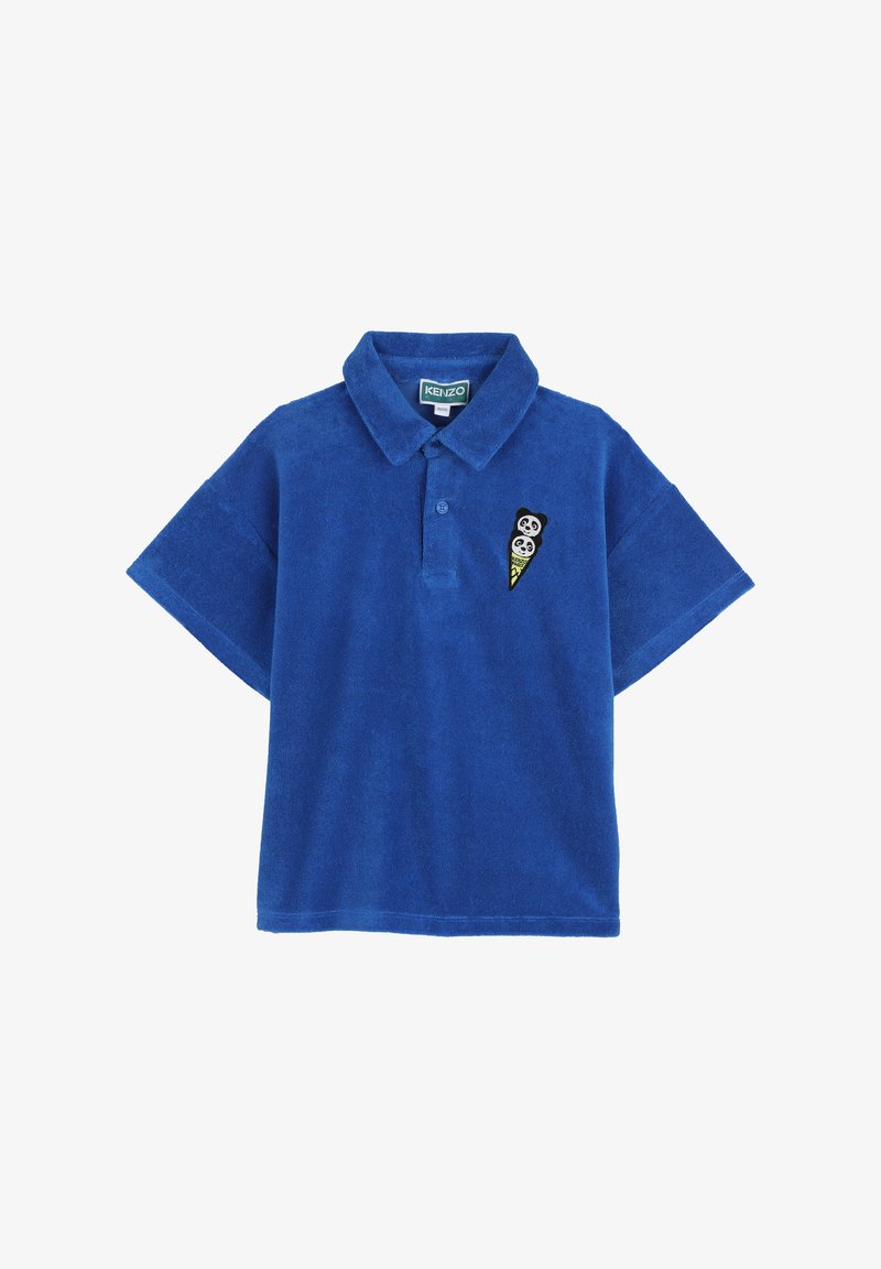 Polo in spugna blu con maniche corte e patch sul petto a sinistra raffigurante due volti di panda su un cono gelato.