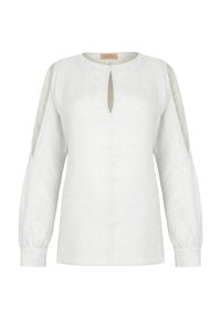 Blusa bianca in lino con scollatura rotonda, dettaglio a chiave sul fronte e maniche lunghe e voluminose con polsini arricciati.