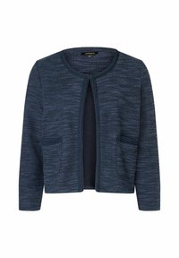 Navyblauwe cardigan met een gestructureerde brei, open voorkant en twee voorkeurszakken. Heeft een ronde halslijn en lange mouwen.