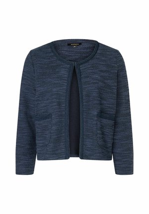 Cardigan bleu marine avec un tricot texturé, à ouverture frontale et deux poches avant. Il présente un col rond et des manches longues.