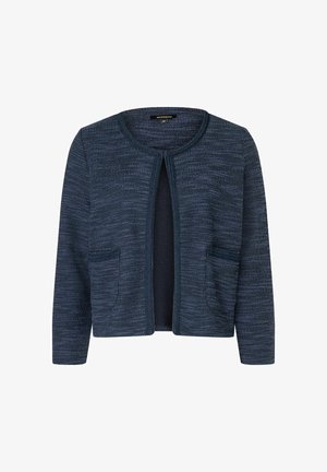 Dunkelblauer Cardigan mit strukturiertem Strick, offener Vorderseite und zwei vorderen Taschen. Mit Rundhals und langen Ärmeln.